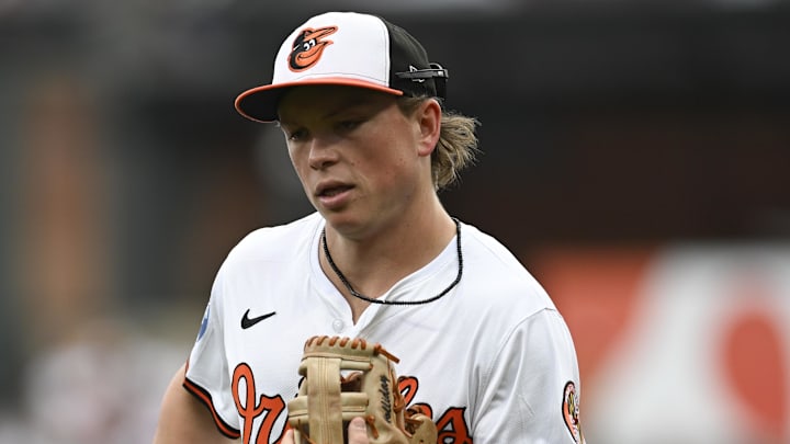 Sep 21, 2025; Baltimore, Maryland, USA; Baltimore Orioles second base Jackson Holliday (7) runs to the dugout before the game against the New York Yankees  at Oriole Park at Camden Yards. Mandatory Credit: Tommy Gilligan-Imagn Images