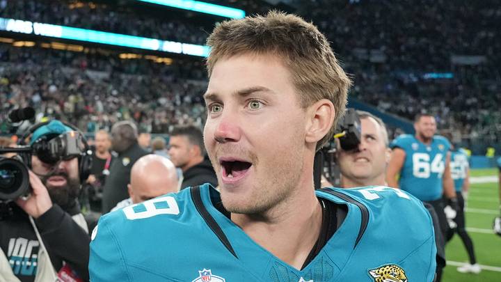 Oct 11, 2026; Tottenham, ENG;  Jacksonville Jaguars kicker Cam Little (39) celebrates after the game against the Philadelphia Eagles at Tottenham Hotspur Stadium.at Tottenham Hotspur Stadium.at Tottenham Hotspur Stadium.  Mandatory Credit: Kirby Lee-Imagn Images