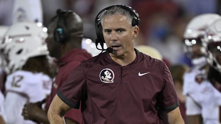 Sep 28, 2024; Dallas, Texas, USA; Florida State Seminoles head coach Mike Norvell during the game between the Southern Methodist Mustangs and the Florida State Seminoles at Gerald J. Ford Stadium. Mandatory Credit: Jerome Miron-Imagn Images