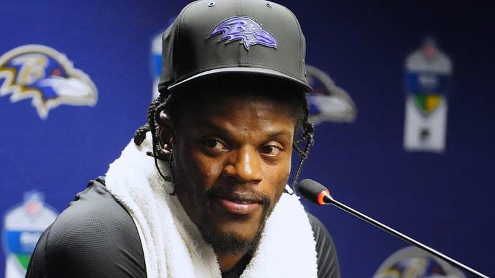 Sep 27, 2026; Rio De Janeiro, BRA;  Baltimore Ravens quarterback Lamar Jackson (8) speaks to the media after the game at Maracana Stadium.  Mandatory Credit: Kirby Lee-Imagn Images