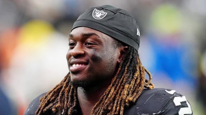 Oct 12, 2025; Paradise, Nevada, USA; Las Vegas Raiders running back Ashton Jeanty (2) reacts after the game against the Tennessee Titans at Allegiant Stadium. Mandatory Credit: Stephen R. Sylvanie-Imagn Images