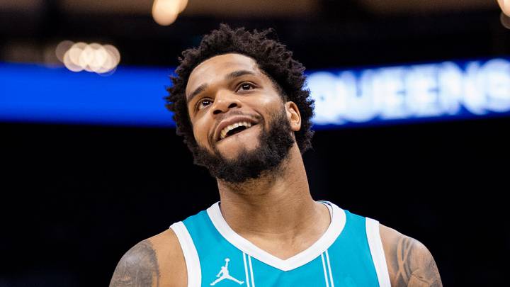Charlotte, North Carolina, USA; Charlotte Hornets forward Miles Bridges (0) reacts during the fourth quarter against the Brooklyn Nets at Spectrum Center on Mar 8, 2025.