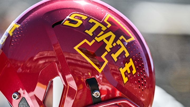 Sep 7, 2024; Iowa City, Iowa, USA; An Iowa State Cyclones helmet sits on the sidelines before the game against the Iowa Hawkeyes at Kinnick Stadium. 