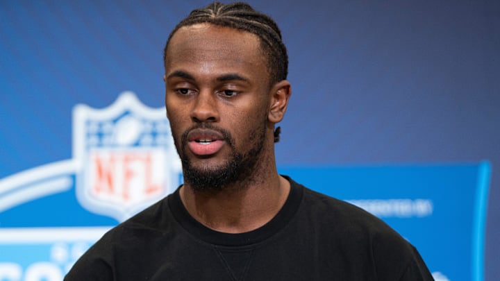 Notre Dame wideout Malachi Fields speaks to members of the media during the NFL Combine.