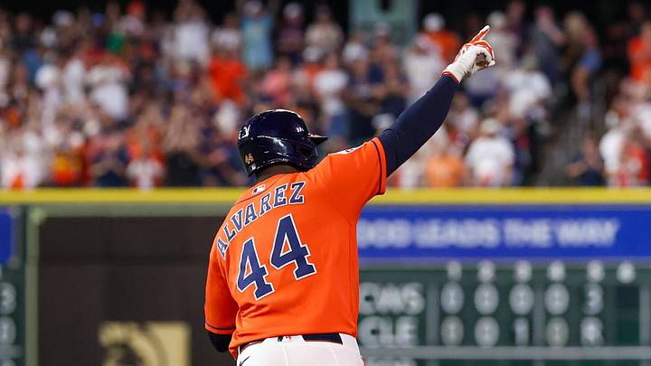 Houston Astros designated hitter Yordan Alvarez (44) acknowledges the bullpen after hitting a walk-off home run. Houston Astros designated hitter Yordan Alvarez (44) acknowledges the bullpen after hitting a walk-off home run.