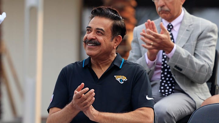 Mayor Donna Deegan makes her way to her seat as Jacksonville Jaguars owner Shad Khan claps Tuesday, July 18, 2023 at the new Miller Electric Center at EverBank Stadium in Jacksonville, Fla. Selected guests and media witnessed speeches, a ribbon cutting and tour of the new facilities.