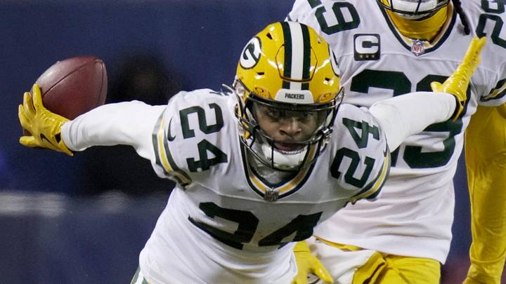 Green Bay Packers cornerback Carrington Valentine celebrates his interception during the wild-card game at Chicago. Green Bay Packers cornerback Carrington Valentine celebrates his interception during the wild-card game at Chicago.