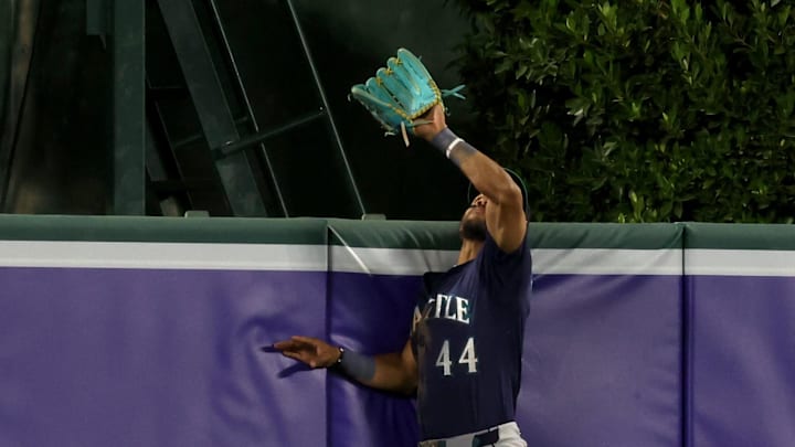 Seattle Mariners outfielder Julio Rodriguez (44) makes a catch during the sixth inning against the Los Angeles Angels at Angel Stadium on June 6. 
