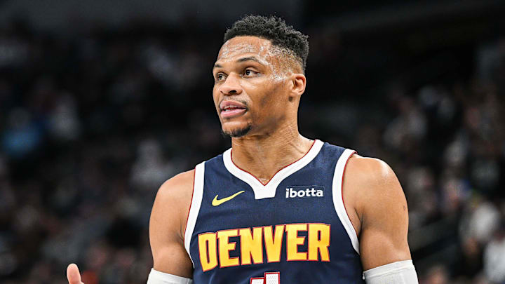 Jan 25, 2025; Minneapolis, Minnesota, USA; Denver Nuggets guard Russell Westbrook (4) reacts during the third quarter against the Minnesota Timberwolves at Target Center. Mandatory Credit: Jeffrey Becker-Imagn Images