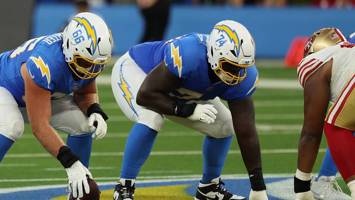 Aug 20, 2026; Inglewood, California, USA; Los Angeles Chargers center Jake Slaughter (66) and guard Kayode Awosika (74) get set before a play during the first quarter against the San Francisco 49ers at SoFi Stadium. Mandatory Credit: Kiyoshi Mio-Imagn Images Aug 20, 2026; Inglewood, California, USA; Los Angeles Chargers center Jake Slaughter (66) and guard Kayode Awosika (74) get set before a play during the first quarter against the San Francisco 49ers at SoFi Stadium. Mandatory Credit: Kiyoshi Mio-Imagn Images