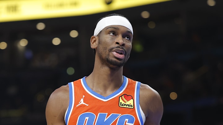 Jan 25, 2026; Oklahoma City, Oklahoma, USA; Oklahoma City Thunder guard Shai Gilgeous-Alexander (2) reacts after a play against the Toronto Raptors during the second half at Paycom Center. Mandatory Credit: Alonzo Adams-Imagn Images