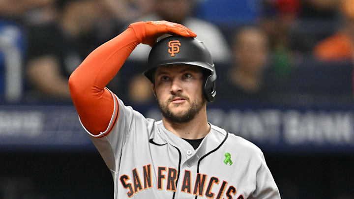 May 1, 2026; St. Petersburg, Florida, USA; San Francisco Giants catcher Patrick Bailey (14) reacts to a strike during the third inning against Tampa Bay Rays at Tropicana Field. Mandatory Credit: Pablo Robles-Imagn Images