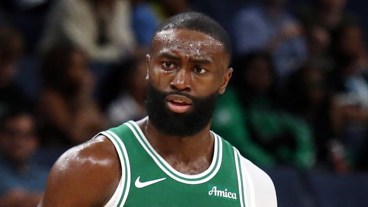 Oct 8, 2025; Memphis, Tennessee, USA; Boston Celtics guard Jaylen Brown (7) reacts toward an official after a technical foul call during the second quarter against the Memphis Grizzlies at FedExForum. Mandatory Credit: Petre Thomas-Imagn Images
