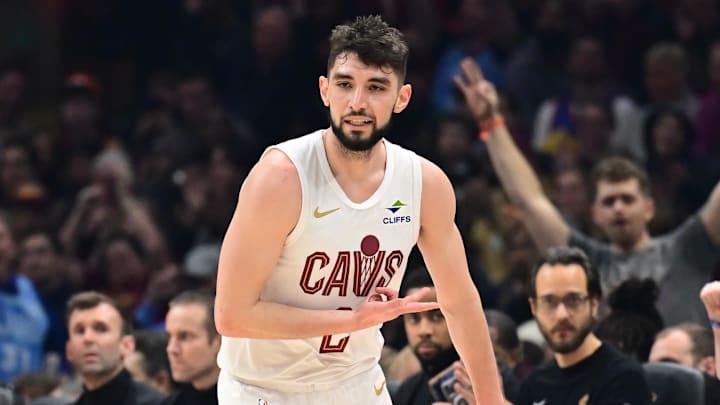 Feb 2, 2025; Cleveland, Ohio, USA; Cleveland Cavaliers guard Ty Jerome (2) celebrates after hitting a three point basket during the first half against the Dallas Mavericks at Rocket Mortgage FieldHouse. Mandatory Credit: Ken Blaze-Imagn Images