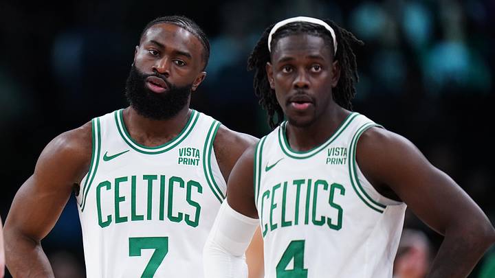 Feb 1, 2024; Boston, Massachusetts, USA; Boston Celtics guard Jrue Holiday (4), guard Jaylen Brown (7), guard Payton Pritchard (11) and guard Derrick White (9) on the court against the Los Angeles Lakers in the second half at TD Garden. Mandatory Credit: David Butler II-Imagn Images