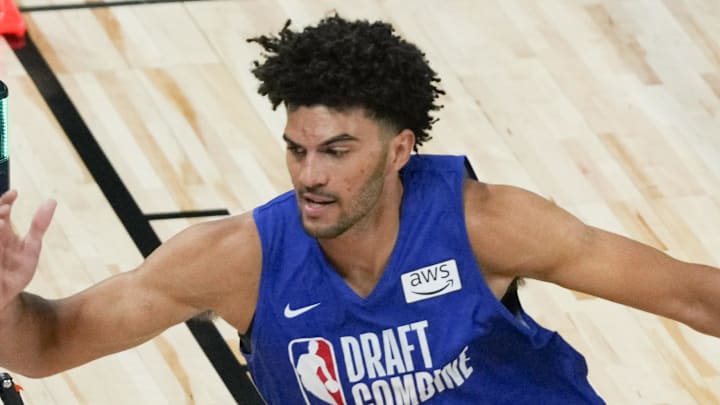 May 12, 2026; Chicago, IL, USA; Cameron Boozer participates in the 2026 NBA Draft Combine at Wintrust Arena. Mandatory Credit: David Banks-Imagn Images