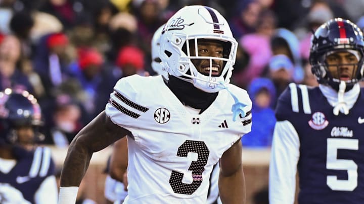 Nov 29, 2024; Oxford, Mississippi, USA;  Mississippi State Bulldogs wide receiver Kevin Coleman Jr. (3) reacts after a touchdown against the Mississippi Rebels at Vaught-Hemingway Stadium. Mandatory Credit: Matt Bush-Imagn Images