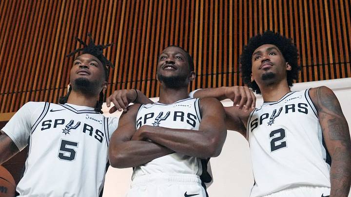 Sep 28, 2026; San Antonio, TX, USA; San Antonio Spurs guards Stephon Castle (5), De'Aaron Fox (4) and Dylan Harper (2) pose for photos during Media Day at Victory Capital Performance Center in San Antonio, Texas. Mandatory Credit: Scott Wachter-Imagn Images Sep 28, 2026; San Antonio, TX, USA; San Antonio Spurs guards Stephon Castle (5), De'Aaron Fox (4) and Dylan Harper (2) pose for photos during Media Day at Victory Capital Performance Center in San Antonio, Texas. Mandatory Credit: Scott Wachter-Imagn Images