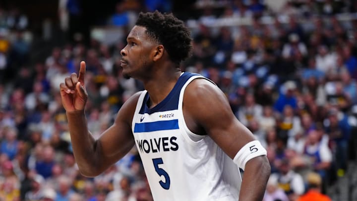 Apr 20, 2026; Denver, Colorado, USA; Minnesota Timberwolves guard Anthony Edwards (5) calls for a replay in the first half against the Denver Nuggets during Game 2 of the first round of the 2026 NBA Playoffs at Ball Arena.