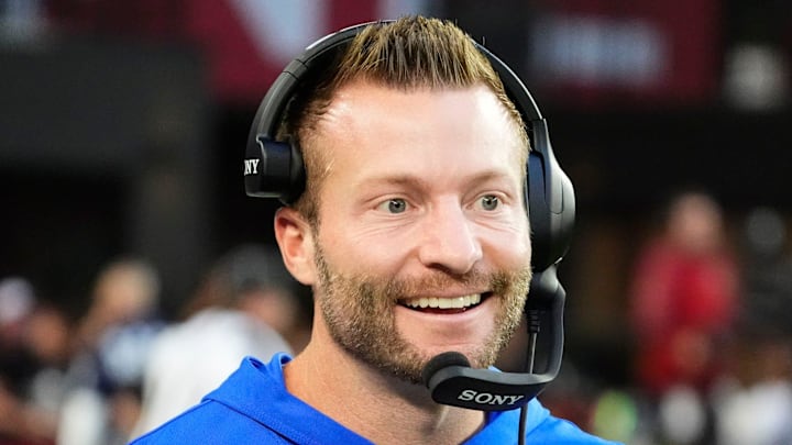 Los Angeles Rams head coach Sean McVay smiles after a touchdown by wide receiver Puka Nacua (12) against the Arizona Cardinals in the second half at State Farm Stadium on Dec 7, 2025, in Glendale, Ariz.