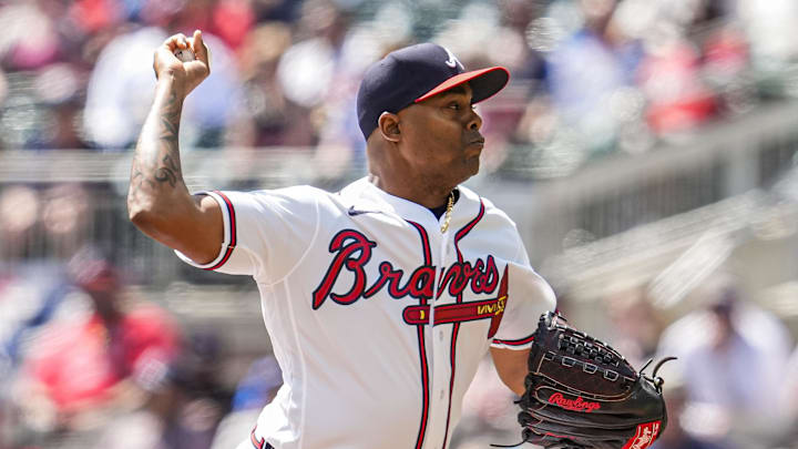 Apr 1, 2026; Cumberland, Georgia, USA; Atlanta Braves pitcher Raisel Iglesias (26) pitches against the Athletics during the ninth  inning at Truist Park. Mandatory Credit: Dale Zanine-Imagn Images
