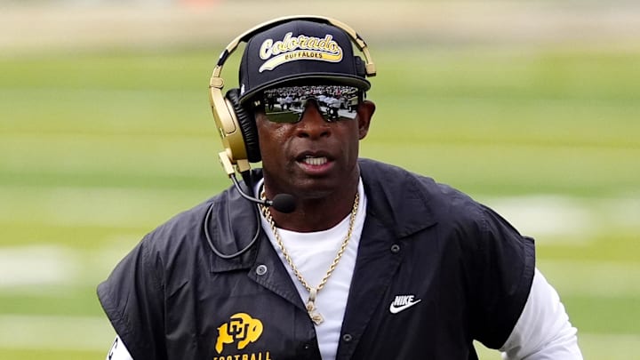 Aug 29, 2025; Boulder, Colorado, USA; Colorado Buffaloes head coach Deion Sanders during the first quarter against the Georgia Tech Yellow Jackets at Folsom Field.