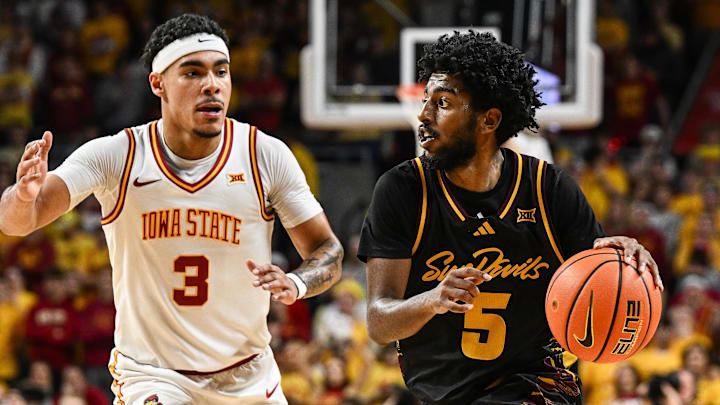 Mar 7, 2026; Ames, Iowa, USA; Arizona State Sun Devils guard Maurice Odum (5) is defended by Iowa State Cyclones guard Tamin Lipsey (3) during the second half at James H. Hilton Coliseum. Mandatory Credit: Jeffrey Becker-Imagn Images