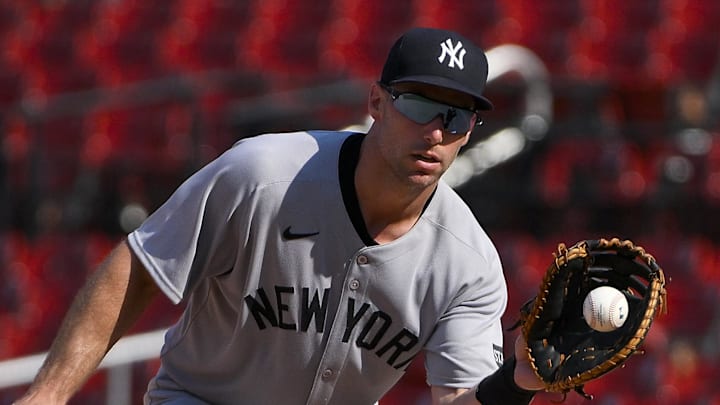 Aug 17, 2025; St. Louis, Missouri, USA;  New York Yankees first baseman Paul Goldschmidt (48) fields a throw against the St. Louis Cardinals during the ninth inning at Busch Stadium. Mandatory Credit: Jeff Curry-Imagn Images