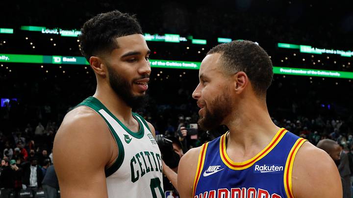 Dec 17, 2021; Boston, Massachusetts, USA; Boston Celtics forward Jayson Tatum (0) talks with Golden State Warriors guard Stephen Curry (30) after their game at TD Garden. Mandatory Credit: Winslow Townson-USA TODAY Sports Dec 17, 2021; Boston, Massachusetts, USA; Boston Celtics forward Jayson Tatum (0) talks with Golden State Warriors guard Stephen Curry (30) after their game at TD Garden. Mandatory Credit: Winslow Townson-USA TODAY Sports