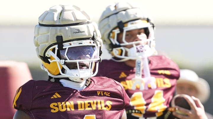 Arizona State wide receiver Omarion Miller (4) during practice on March 24, 2026, at Kajikawa Practice Fields in Tempe.