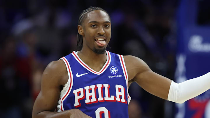 Oct 27, 2025; Philadelphia, Pennsylvania, USA; Philadelphia 76ers guard Tyrese Maxey (0) reacts after scoring against the Orlando Magic during the fourth quarter at Xfinity Mobile Arena. Mandatory Credit: Bill Streicher-Imagn Images