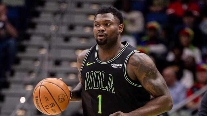 Feb 24, 2026; New Orleans, Louisiana, USA;  New Orleans Pelicans forward Zion Williamson (1) brings the ball up court against the Golden State Warriors during the first half at Smoothie King Center.
