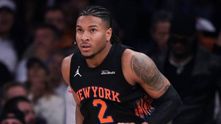 New York Knicks guard Miles McBride (2) reacts during the second quarter of game two of the eastern conference finals of the 2026 NBA playoffs against the Cleveland Cavaliers at Madison Square Garden. 