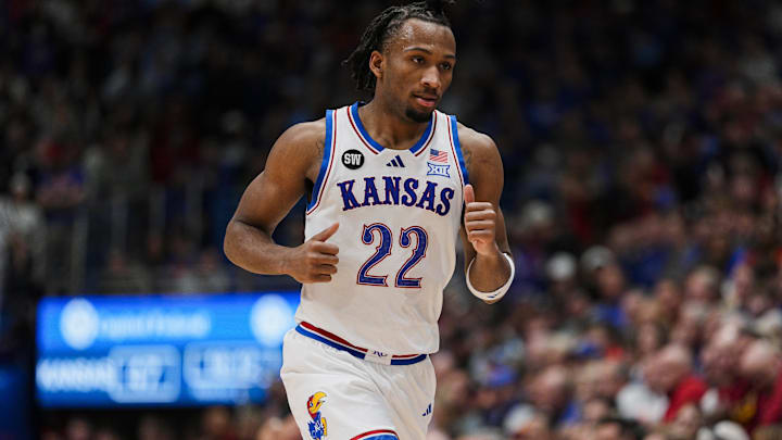 Jan 13, 2026; Lawrence, Kansas, USA; Kansas Jayhawks guard Darryn Peterson (22) reacts during the second half against the Iowa State Cyclones at Allen Fieldhouse. Mandatory Credit: Jay Biggerstaff-Imagn Images