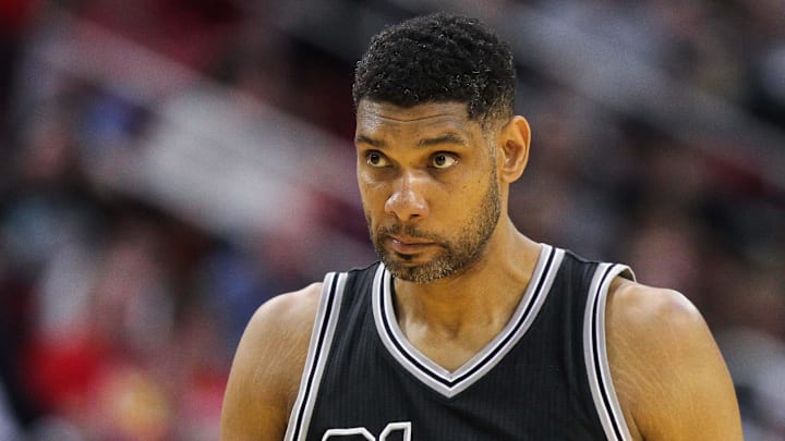 Feb 27, 2016; Houston, TX, USA; San Antonio Spurs center Tim Duncan (21) walks on the court during the game against the Houston Rockets at Toyota Center.