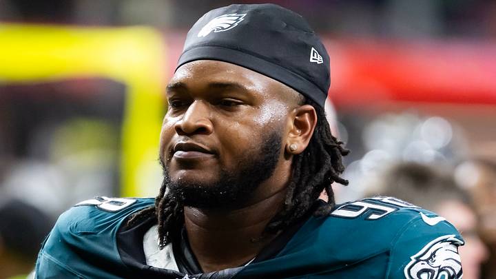 Feb 9, 2025; New Orleans, LA, USA; Philadelphia Eagles defensive end Jalen Carter (98) against the Kansas City Chiefs during Super Bowl LIX at Ceasars Superdome. Mandatory Credit: Mark J. Rebilas-Imagn Images