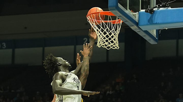 UCF’s John Bol (7) goes for a rebound against Pittsburgh during a college basketball game Thursday, Nov. 20, 2025 at the Ocean Center.