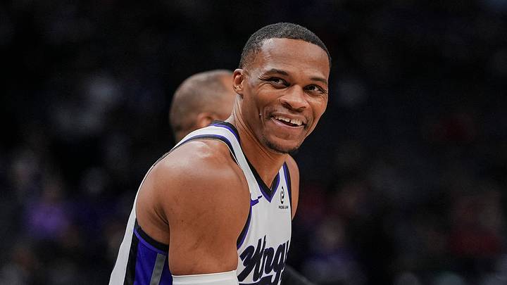 Jan 11, 2026; Sacramento, California, USA; Sacramento Kings guard Russell Westbrook (18) smiles during the second quarter Houston Rockets at Golden 1 Center. Jan 11, 2026; Sacramento, California, USA; Sacramento Kings guard Russell Westbrook (18) smiles during the second quarter Houston Rockets at Golden 1 Center.