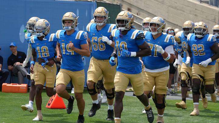 May 2, 2026; Pasadena, CA, USA; UCLA Bruins players enter the field during the spring game at Rose Bowl. Mandatory Credit: Kirby Lee-Imagn Images May 2, 2026; Pasadena, CA, USA; UCLA Bruins players enter the field during the spring game at Rose Bowl. Mandatory Credit: Kirby Lee-Imagn Images