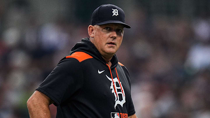 Detroit Tigers manager A.J. Hinch (14) walks off the field after a pitching change against Minnesota Twins during the eighth inning at Comerica Park in Detroit in Monday, August 4, 2025. Detroit Tigers manager A.J. Hinch (14) walks off the field after a pitching change against Minnesota Twins during the eighth inning at Comerica Park in Detroit in Monday, August 4, 2025.