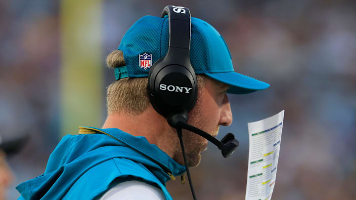 Jacksonville Jaguars head coach Liam Coen calls a play during the second quarter of an NFL preseason matchup at EverBank Stadium, Saturday, Aug. 9, 2025 in Jacksonville, Fla. [Corey Perrine/Florida Times-Union]