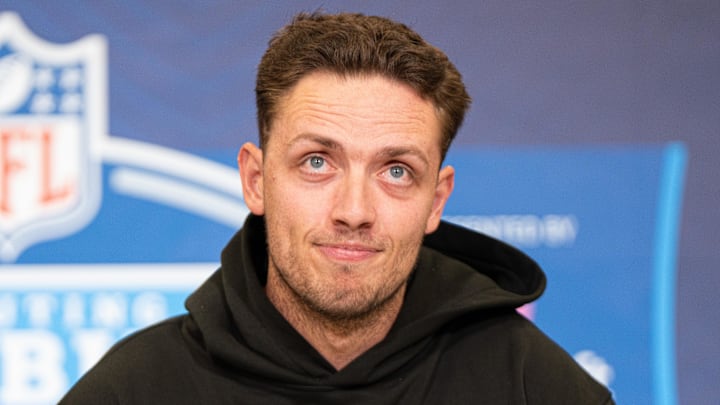 Miami quarterback Carson Beck (QB04) speaks to members of the media during the NFL Combine at the Indiana.