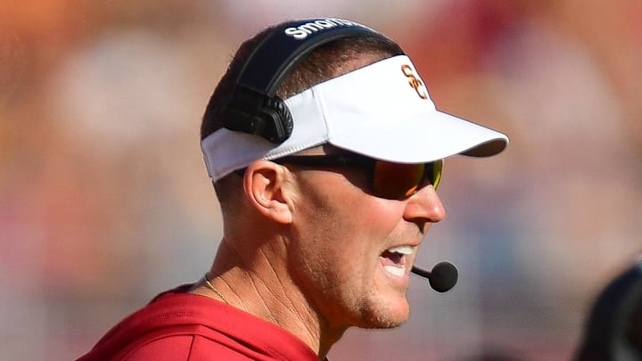 Nov 16, 2024; Los Angeles, California, USA; Southern California Trojans head coach Lincoln Riley watches game action against the Nebraska Cornhuskers during the first half at the Los Angeles Memorial Coliseum. Mandatory Credit: Gary A. Vasquez-Imagn Images