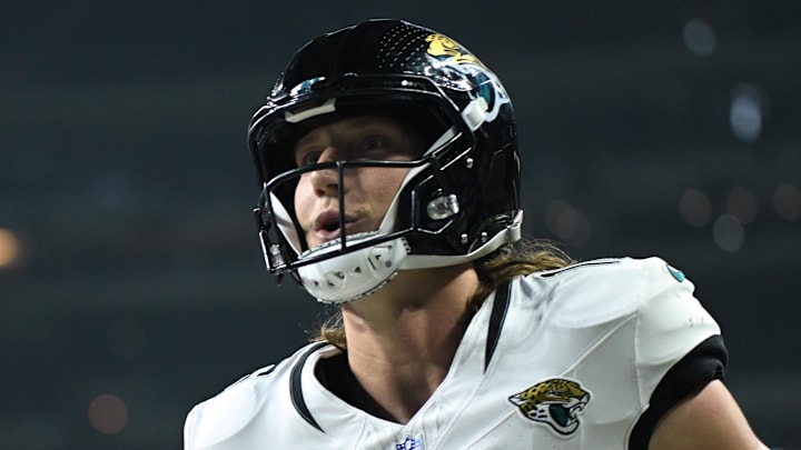 Dec 28, 2025; Indianapolis, Indiana, USA; Jacksonville Jaguars quarterback Trevor Lawrence (16) celebrates after a touchdown against the Indianapolis Colts during the first half at Lucas Oil Stadium. Mandatory Credit: Robert Goddin-Imagn Images Dec 28, 2025; Indianapolis, Indiana, USA; Jacksonville Jaguars quarterback Trevor Lawrence (16) celebrates after a touchdown against the Indianapolis Colts during the first half at Lucas Oil Stadium. Mandatory Credit: Robert Goddin-Imagn Images