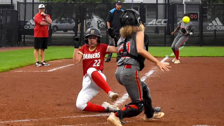 Bullitt East sophomore Payton Holt slides safely into home plate in a Sixth Region Tournament win against Butler May 25, 2026. Bullitt East could legitimately play its way into the state tournament final.