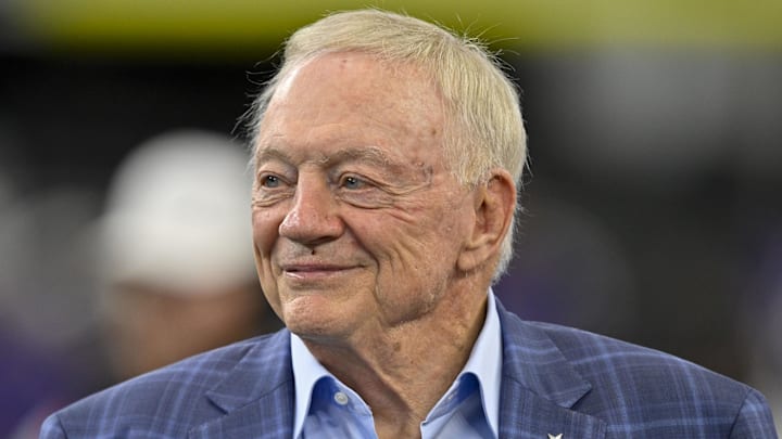 Aug 16, 2025; Arlington, Texas, USA; Dallas Cowboys owner Jerry Jones (left) looks on before the game against the Baltimore Ravens at AT&T Stadium. Mandatory Credit: Jerome Miron-Imagn Images