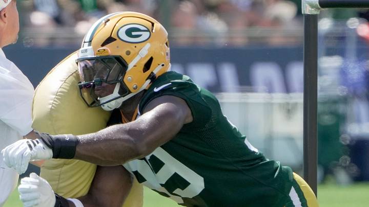 Green Bay Packers edge rusher Barryn Sorrell is shown during a special-teams drill. Green Bay Packers edge rusher Barryn Sorrell is shown during a special-teams drill.