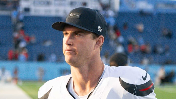 Houston Texans quarterback Davis Mills runs off the field after the win against the Tennessee Titans. Houston Texans quarterback Davis Mills runs off the field after the win against the Tennessee Titans.
