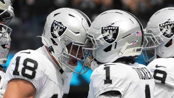 Sep 20, 2026; Inglewood, California, USA;  Las Vegas Raiders wide receiver Jack Bech (18) and Las Vegas Raiders wide receiver Tre Tucker (1) celebrate after a play against the Los Angeles Chargers during the first half at SoFi Stadium.  Mandatory Credit: Kirby Lee-Imagn Images