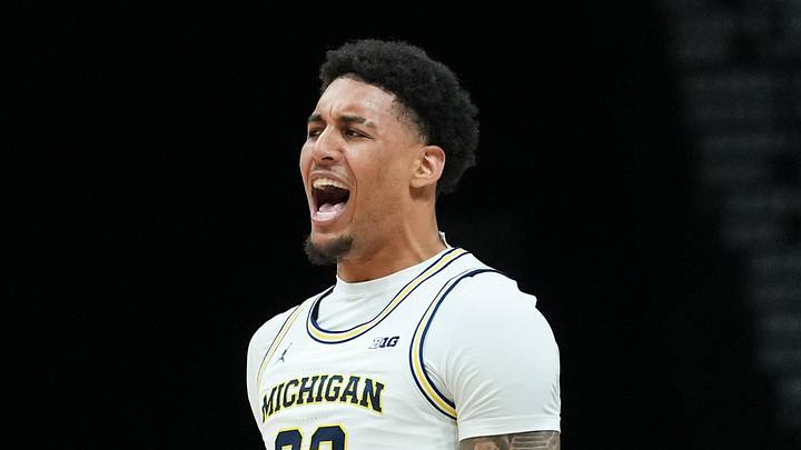 Michigan Wolverines forward Yaxel Lendeborg (23) reacts in the second half against the Gonzaga Bulldogs in the 2025 Players Era Festival championship game at MGM Grand Garden Arena on November 26, 2025.